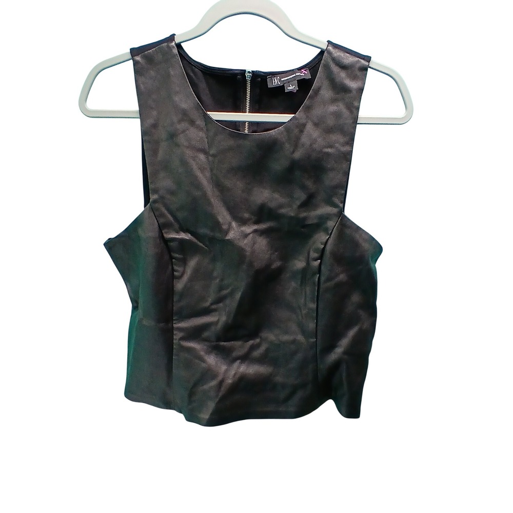 INC Faux Leather Crop Top Large Black Mixed Media Edgy Goth Sleeveless Zip Back